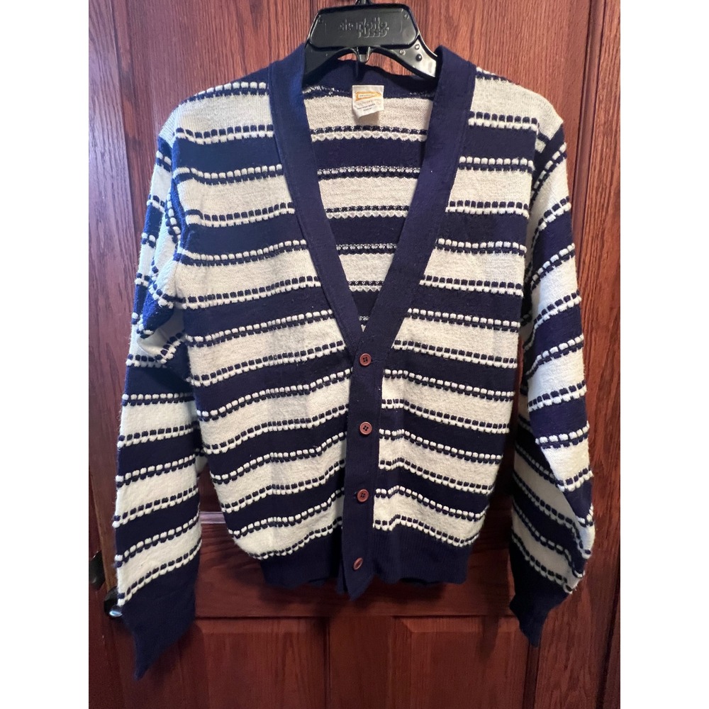 Vintage Drummond Navy Blue White Striped Cardigan Sweater Orlon Acrylic Large